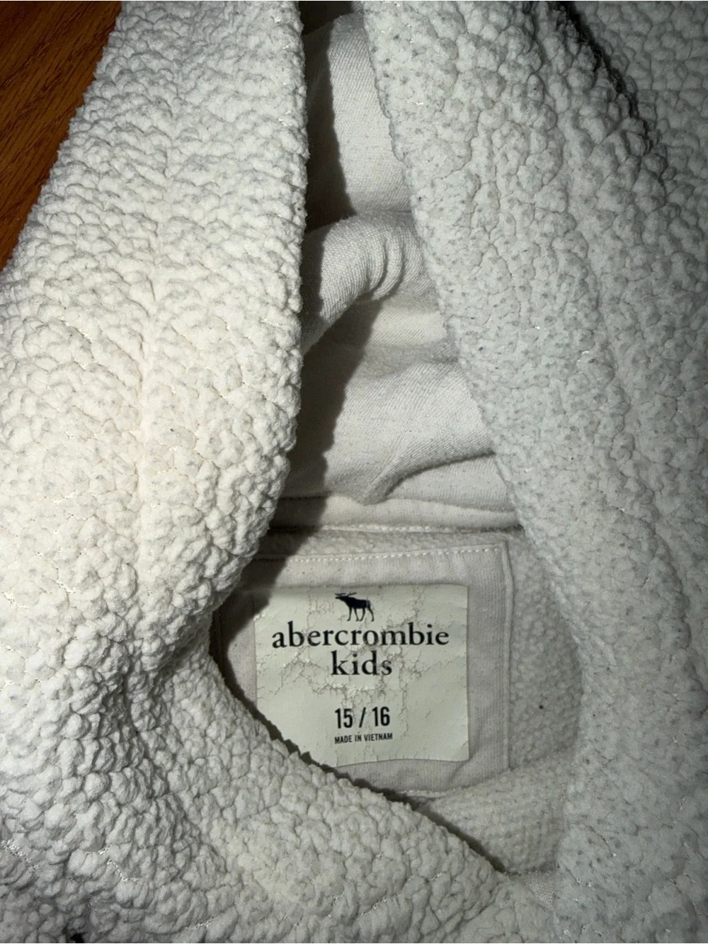 abercrombie kids Cream Sherpa Hoodie with Red Moose Outline